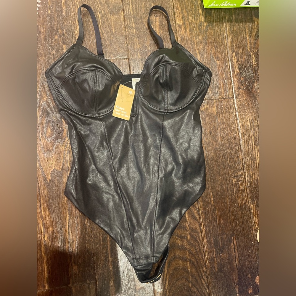 Popilush , shaper thong bodysuit , black faux leather